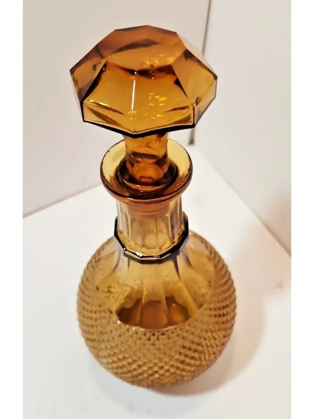 Vintage 1960's Amber Colored Hobnail Glass Wine/Liquor Decanter Bottle w/Stopper